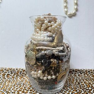 Total 3.6 Lb including glass jar Craft Scrap Junk Drawer Mystery Jewelry Lot